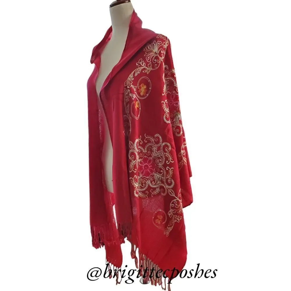HANDMADE Embroidered Sequined Designed Deep Burgundy Shawl